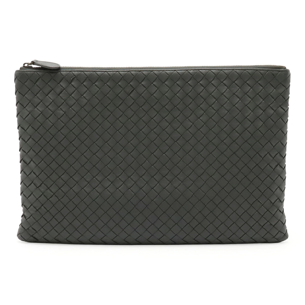 BOTTEGA VENETA Intrecciato Clutch Bag Shoulder Flat Pouch Leather Gray